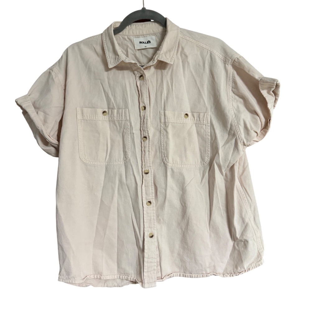 Rollas Daria Shirt Soft Pink Cotton Denim Short Sleeve Button Down Womens L